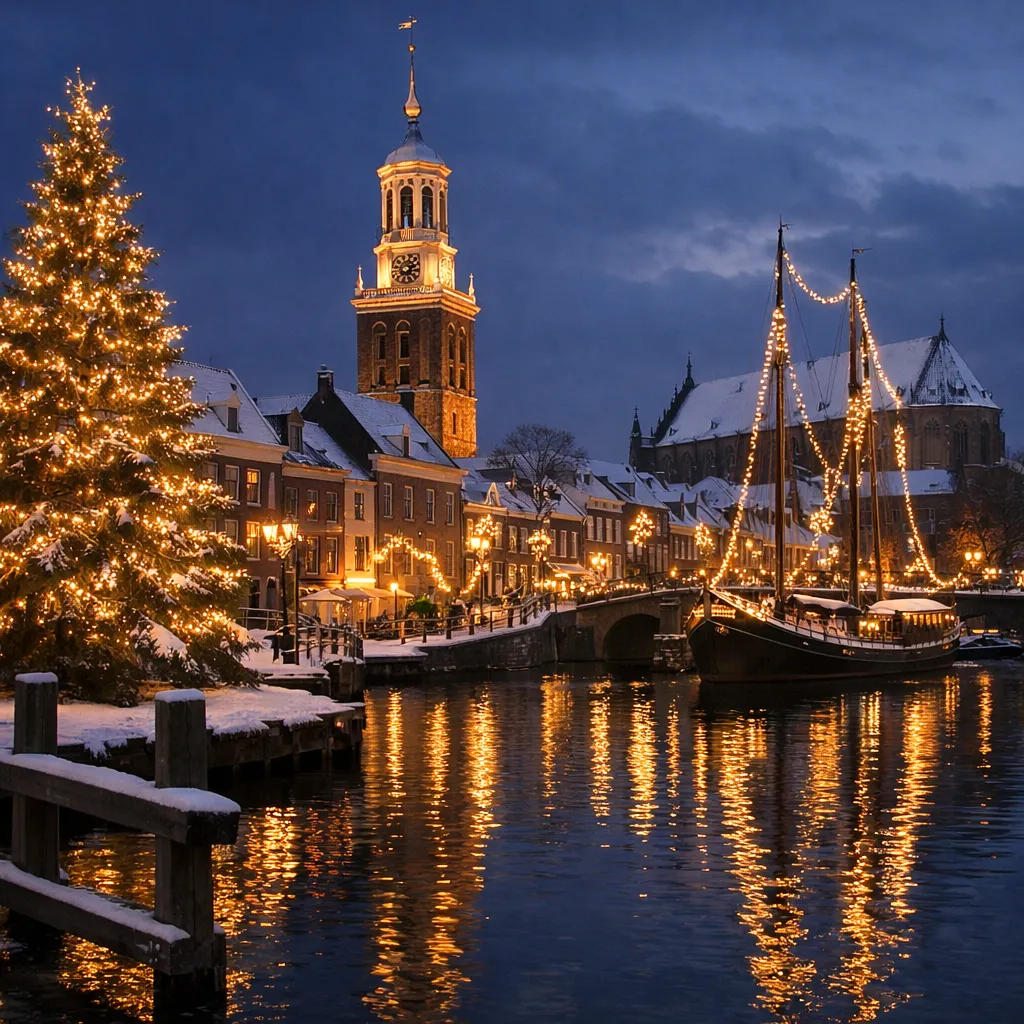 Bedrijven in Kampen Verlichte kerstboom en historische gebouwen langs de gracht in Kampen tijdens de feestdagen.