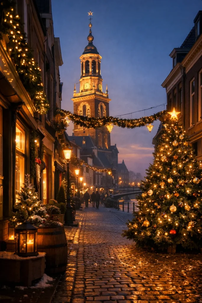 Bedrijven in Kampen Verlichte kerststraat in Kampen met kerstboom en kerktoren in de avond