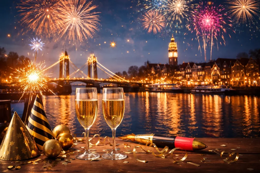 Bedrijven in Kampen Vuurwerk boven Kampen met champagne aan de IJssel tijdens Oud en Nieuw