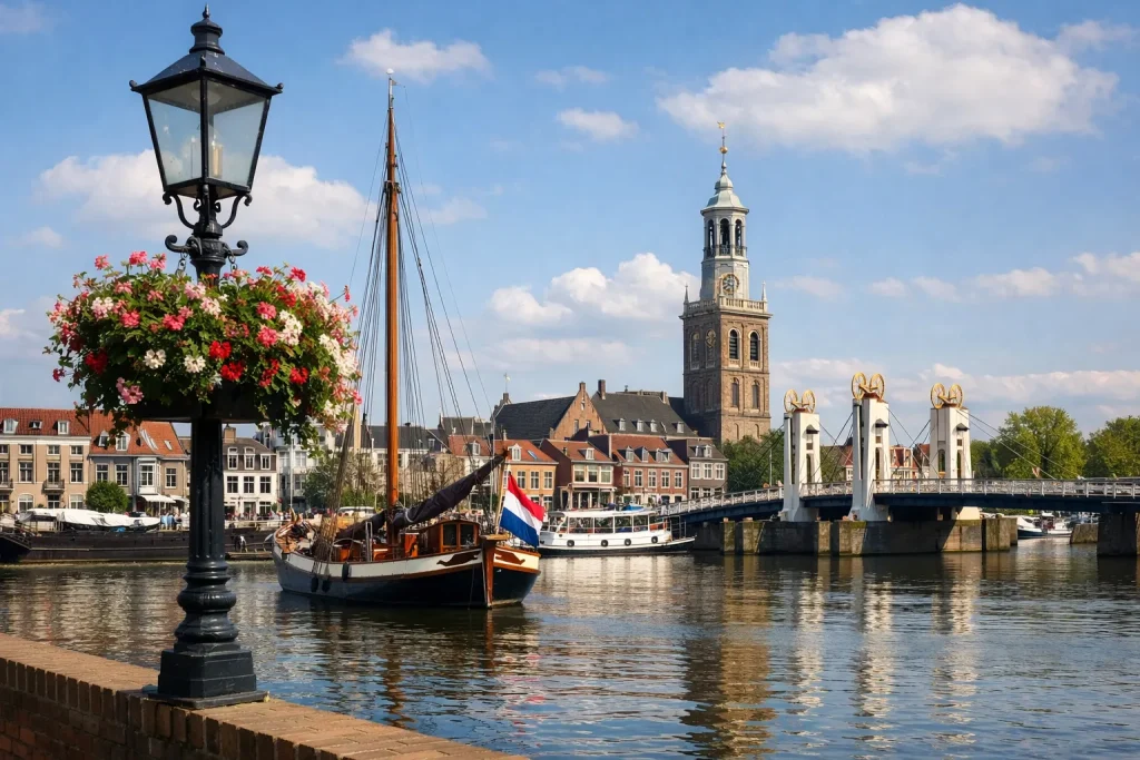Bedrijven in Kampen Haven van Kampen met brug en Bovenkerk aan de IJssel