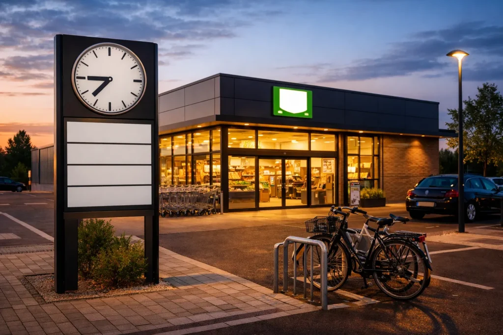 Bedrijven in Kampen Verlichte supermarkt in Kampen met fietsen en parkeerplaats in de avond.