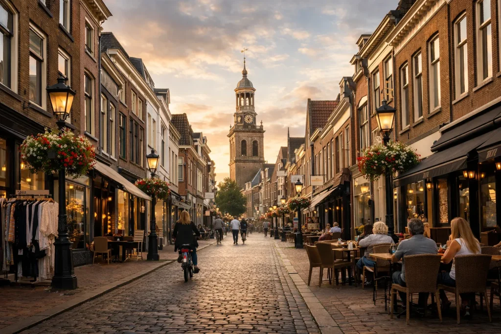 Bedrijven in Kampen Winkelstraat in het centrum van Kampen met cafés en winkels in de avondzon.