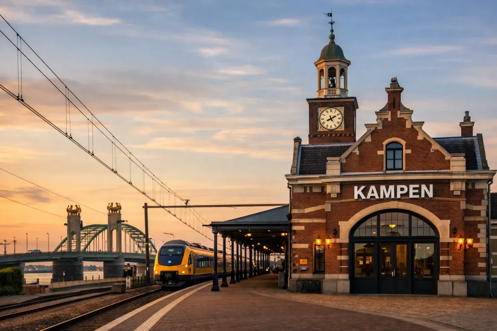 Bedrijven in Kampen Station Kampen met trein en brug in de avondzon