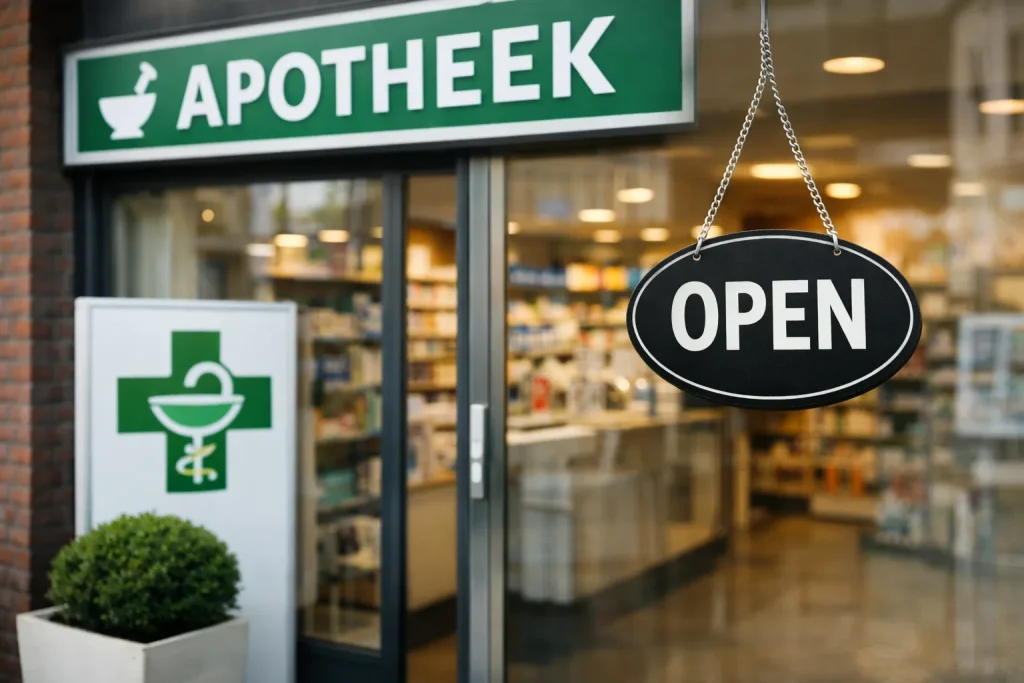 Bedrijven in Kampen Ingang van een apotheek in Kampen met open deur overdag