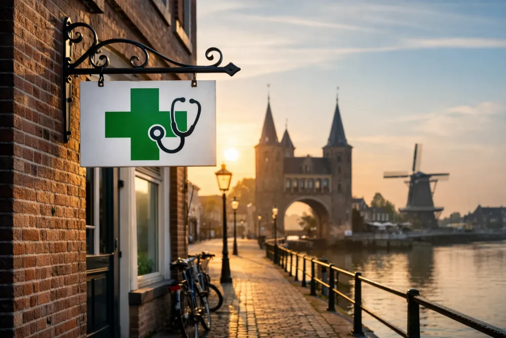 Bedrijven in Kampen Gevel van een huisartspraktijk aan de gracht in Kampen met molen op de achtergrond.