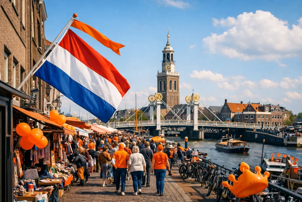 Bedrijven in Kampen Drukke straat in Kampen tijdens Koningsdag met oranje versiering en feestende mensen.