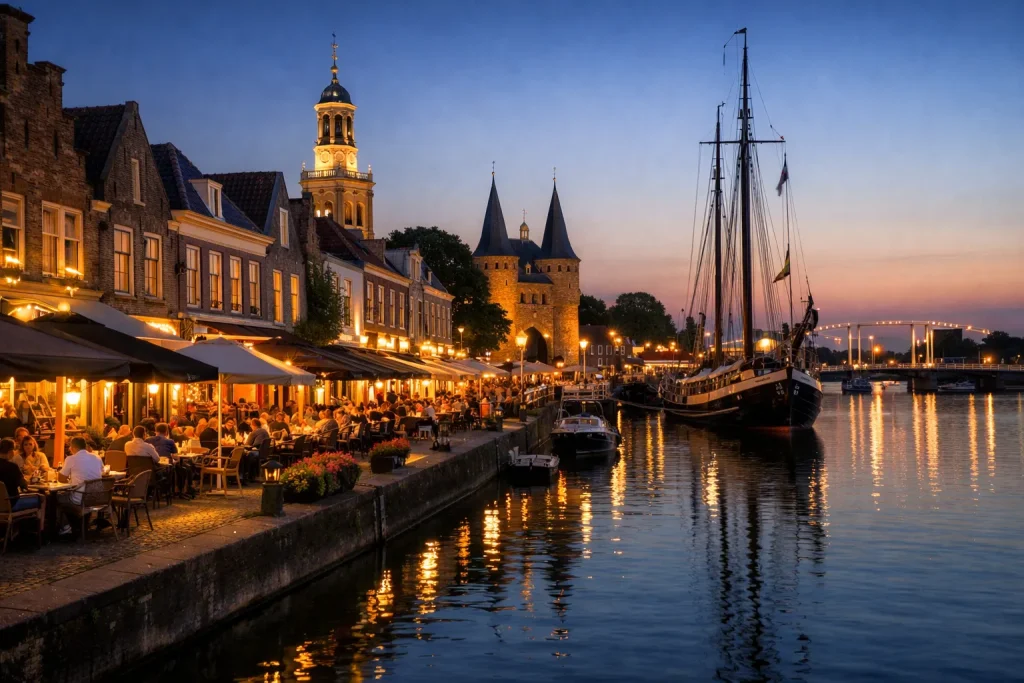 Bedrijven in Kampen Terrassen met restaurants langs de gracht in Kampen tijdens zonsondergang.