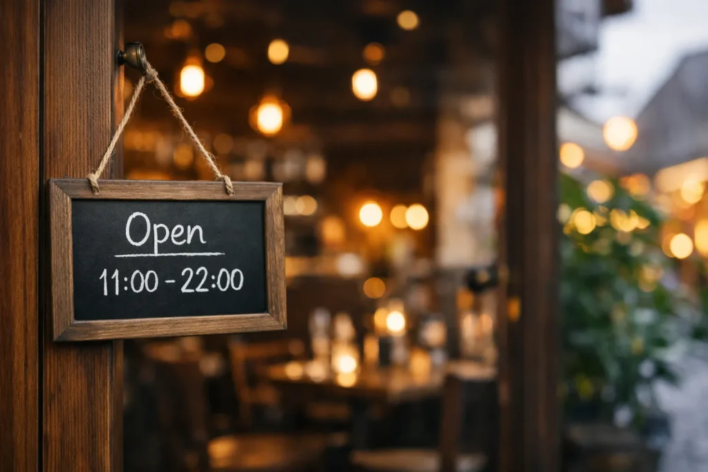 Bedrijven in Kampen Ingang van een gezellig café met open deur in de avond