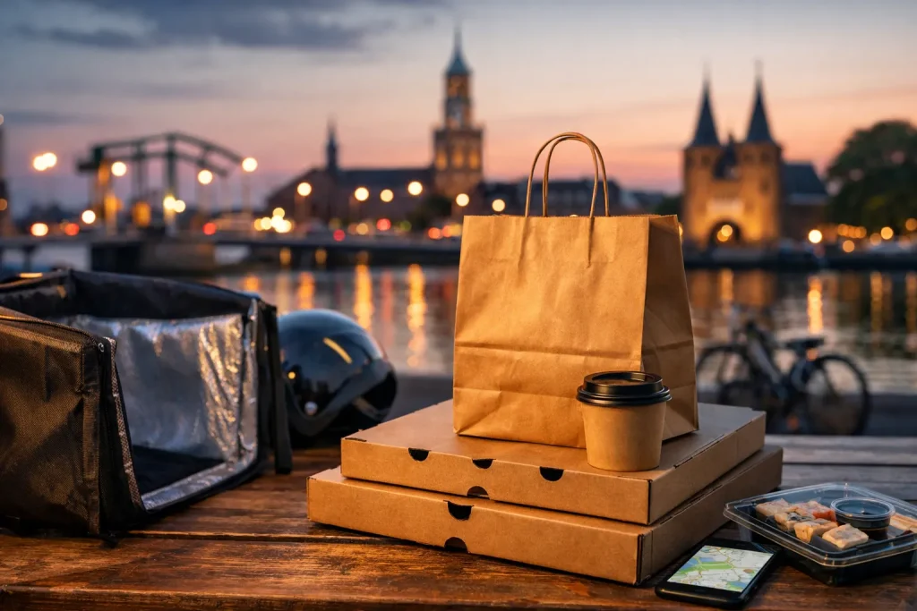 Bedrijven in Kampen Afhaalmaaltijden met pizzadozen en tas aan de IJssel in Kampen bij zonsondergang.