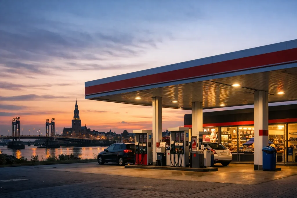 Bedrijven in Kampen Verlicht tankstation in Kampen in de avondschemering