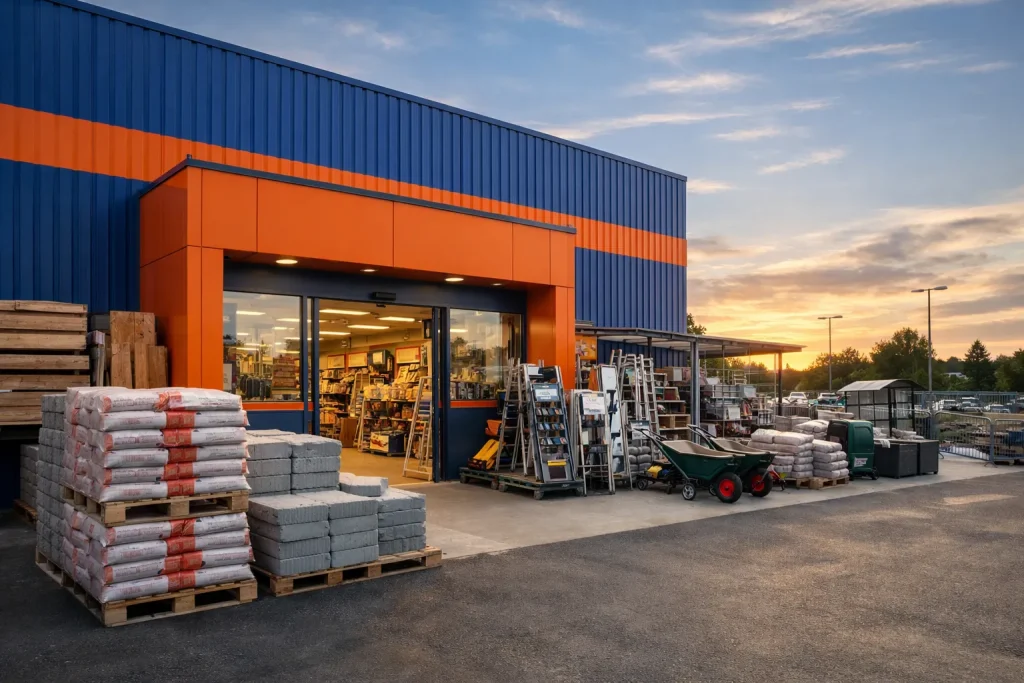 Bedrijven in Kampen Moderne bouwmarkt in Kampen met materialen buiten bij avondlicht