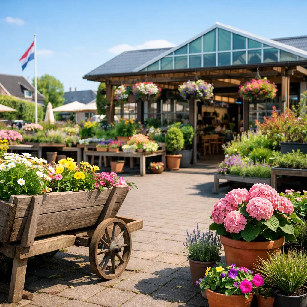 Bedrijven in Kampen Realistische afbeelding van een tuincentrum in Kampen met planten en parkeerplaats bij daglicht