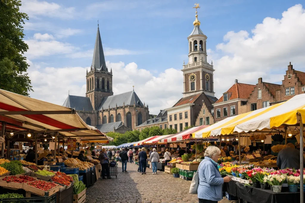 Bedrijven in Kampen Drukke weekmarkt op een plein in Kampen met kramen en kerk op de achtergrond.