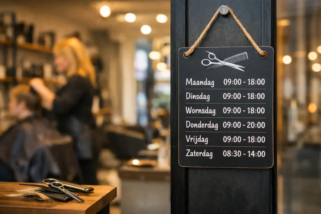 Openingstijdenbord bij kapsalon in Kampen