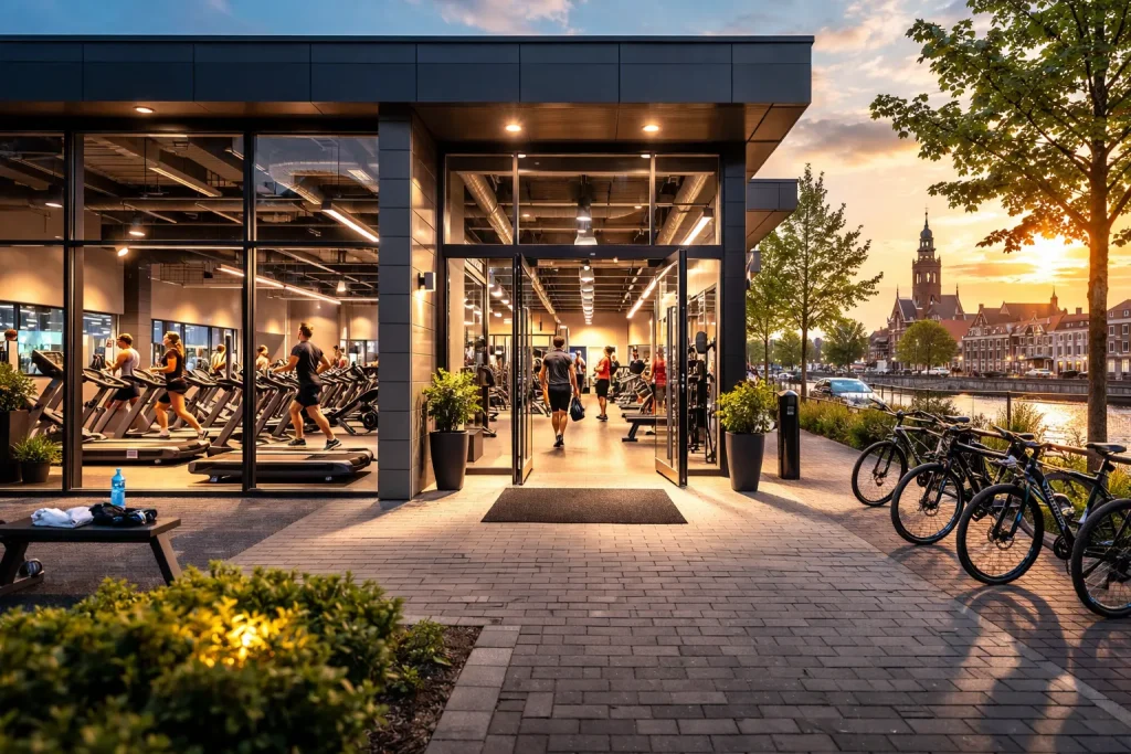 Moderne sportschool in Kampen met verlichte ingang in de avond