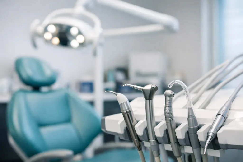 Moderne tandartsstoel met instrumenten in praktijkruimte