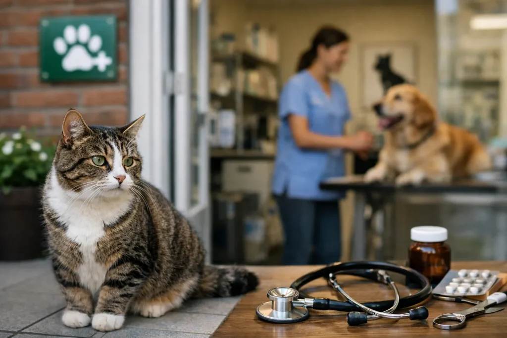 Kat voor een dierenartspraktijk terwijl een hond wordt onderzocht binnen