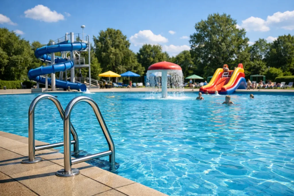 Buitenzwembad in Kampen met helder water en blauwe lucht