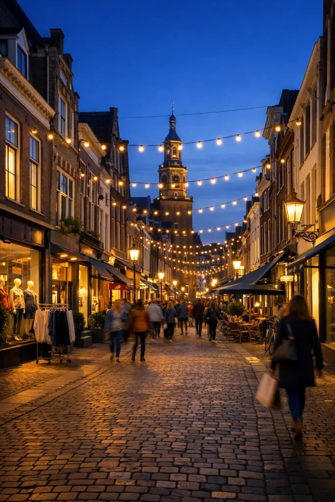 Bedrijven in Kampen Verlichte winkelstraat in Kampen tijdens koopavond met winkelend publiek in de avond.