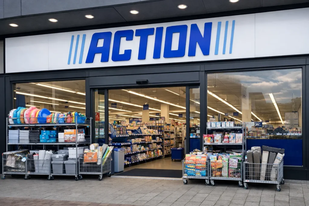 Ingang van een Action winkel met producten bij de entree