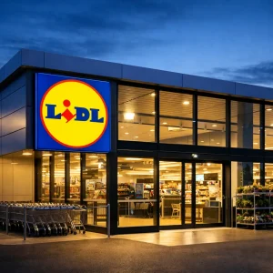 Lidl winkel met verlichte ingang in de avond
