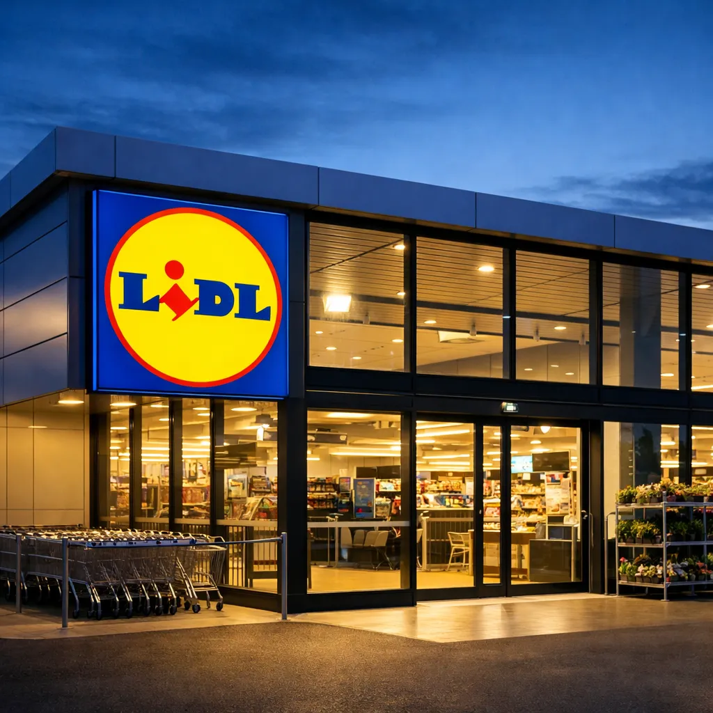 Home Lidl winkel met verlichte ingang in de avond