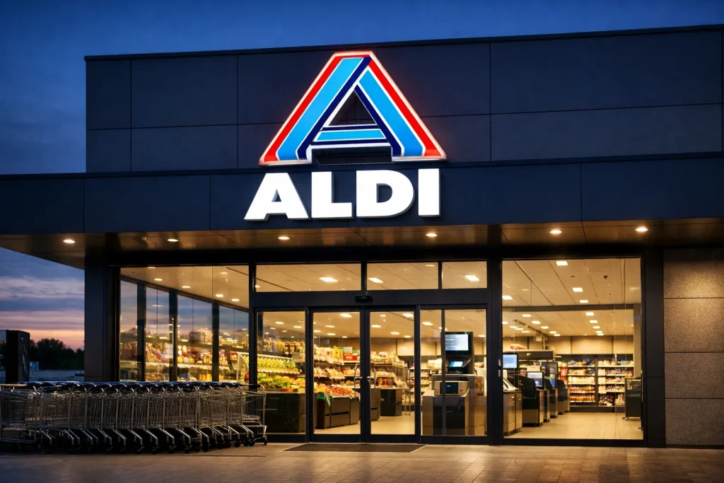 Home Ingang van een moderne Aldi supermarkt met winkelwagens buiten