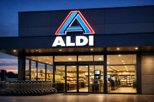 Ingang van een moderne Aldi supermarkt met winkelwagens buiten