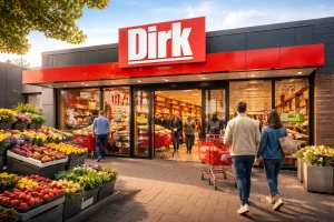 Ingang van Dirk van den Broek supermarkt in Kampen met winkelende klanten