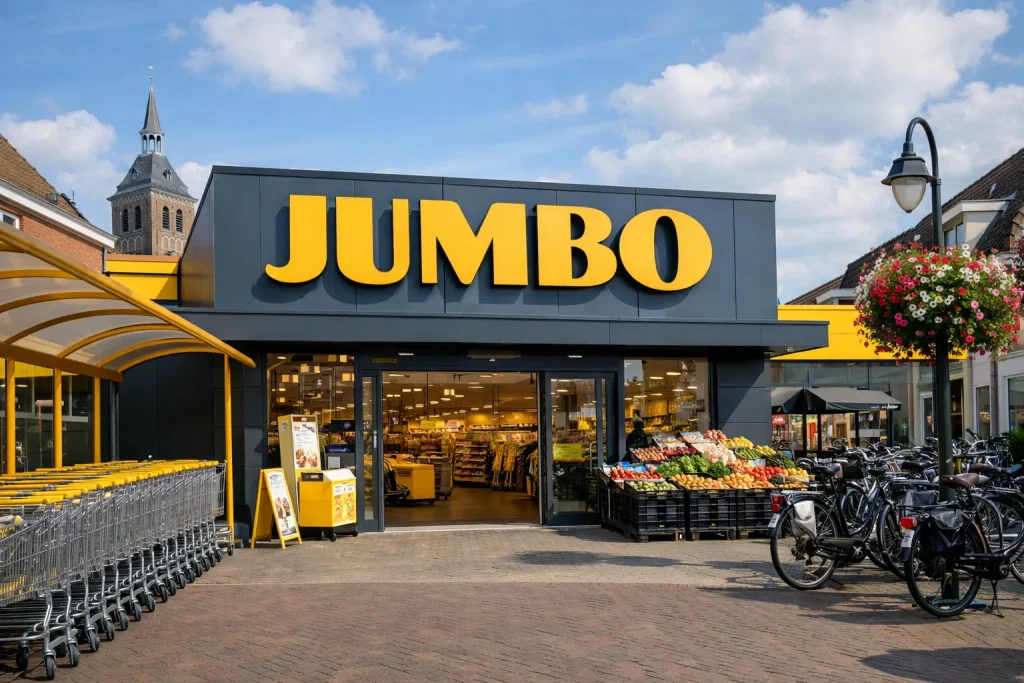 Home Ingang van een Jumbo supermarkt in Kampen met fietsen en winkelwagens buiten