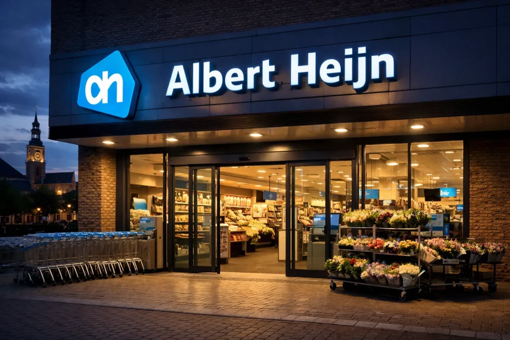 Home Ingang van Albert Heijn supermarkt in Kampen met winkelwagens en bloemen buiten bij schemering.